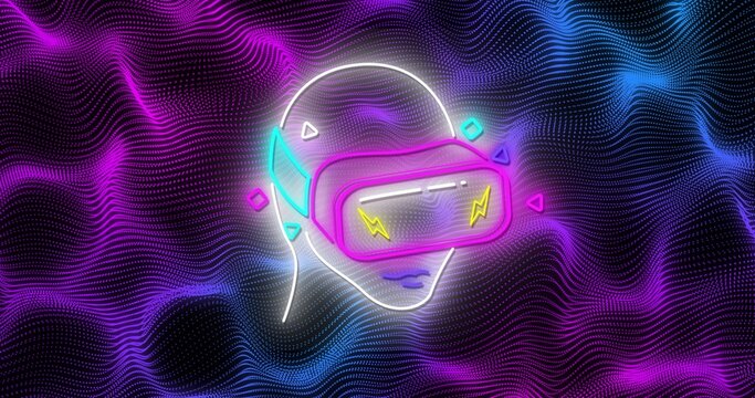 Displaying neon head wearing magenta VR headset in cyberspace, with glowing point cloud mesh