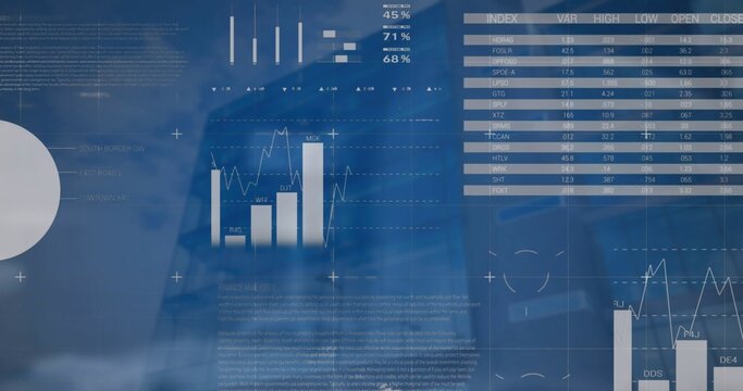 Displaying translucent dashboard overlaying glass facade, with bars, lines, percentages