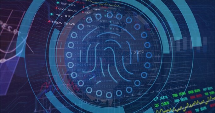 Scanning biometric fingerprint centered in concentric HUD rings, showing binary code, percent