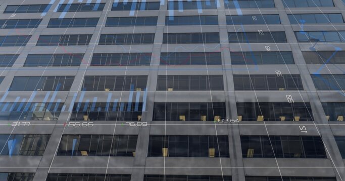 Displaying office tower facade in city showing reflective glass metal beams LEDs blinds tickers