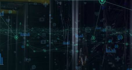 Displaying network visualization overlaying server racks in data center, with cables and LEDs © vectorfusionart