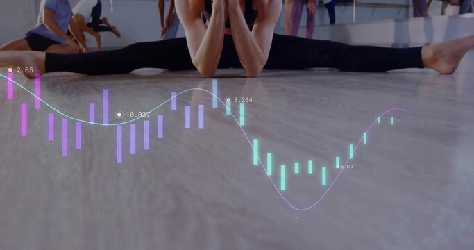 Performing female dancer wearing leotard holding front split on wooden floor, holographic charts