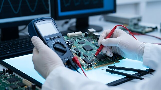 Close up of hands in white gloves using a multimeter to test electronic components on a green circuit board under bright laboratory lighting.