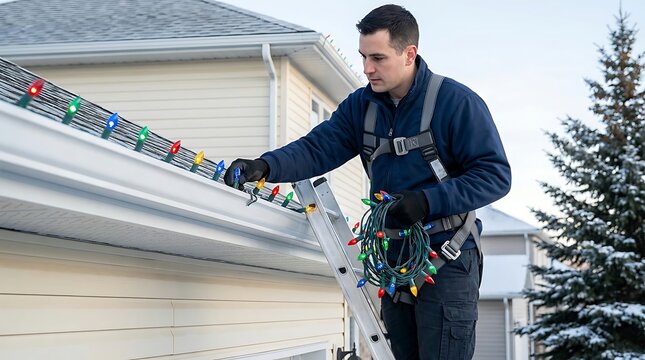 A male person is carefully installing colorful christmas string lights on a house roof gutter, standing on a ladder during winter season.