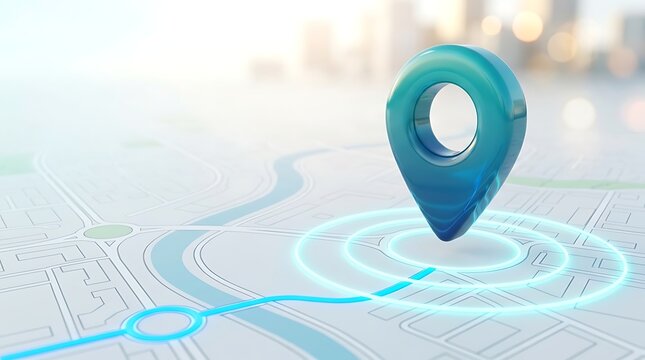 Blue GPS map pin marker on abstract digital navigation route with glowing circles and blurred city skyline background signifying location tracking.