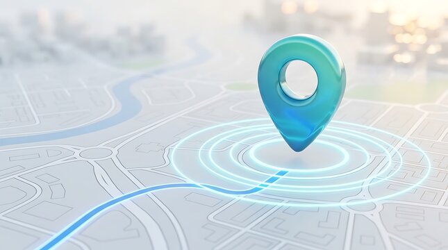 Blue GPS map pin marker on abstract digital navigation route with glowing circles and blurred city skyline background signifying location tracking.