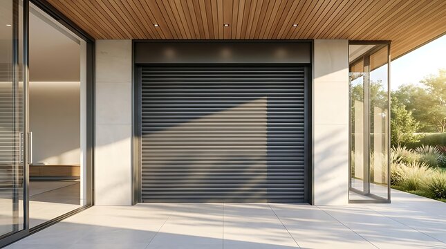 Modern home exterior with closed dark grey roller shutter door and large glass windows.