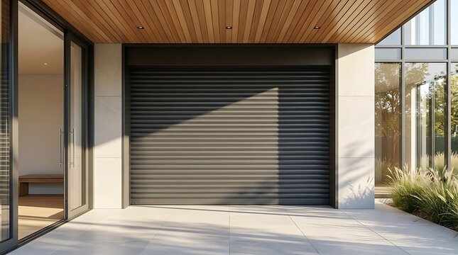 Closed dark gray roller shutter door on a modern building facade with glass doors and natural light, offering security and privacy for residential or commercial property.