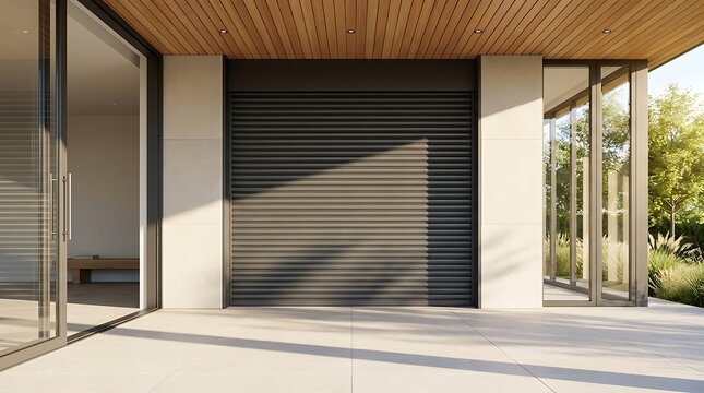 Modern home exterior with closed dark grey roller shutter door and large glass windows.