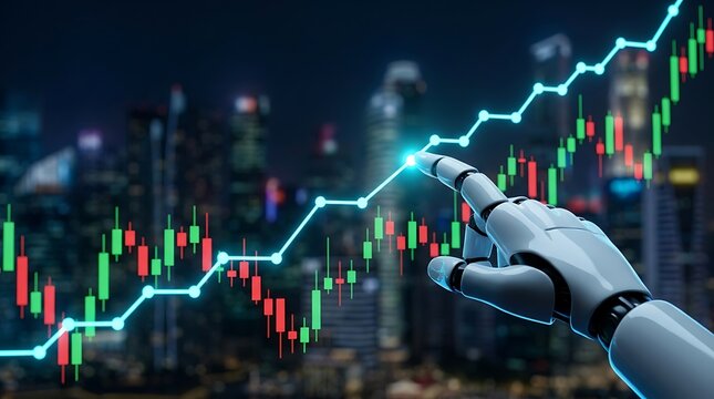 Ai robot finger pointing at upward trend line and financial data visualizations highlights modern automation in investment banking and stock portfolio management.