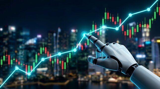 Futuristic cyborg hand interacting with glowing blue line graph and colorful candlestick patterns illustrates advanced ai driven financial analytics and trading.