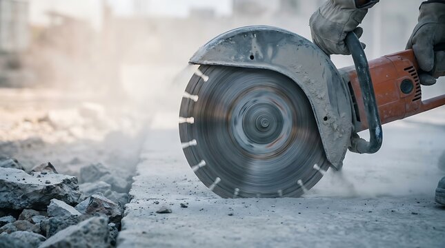 Close up of heavy duty concrete cutting saw with diamond blade in action creating dust and debris on construction site.