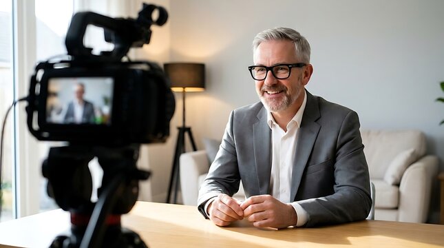 Mature businessman in gray suit and eyeglasses smiling while being filmed by video camera for a professional interview indoors.