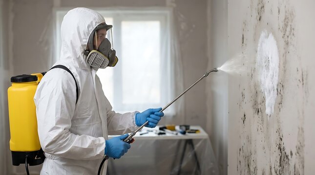 Professional remediation specialist wearing protective suit and respirator mask treats toxic mold growth on indoor drywall using specialized chemical foam spray.
