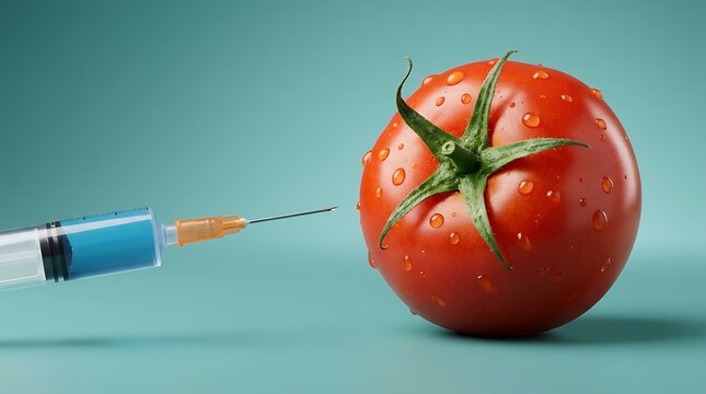 A single red tomato with water droplets on its skin is being prepared for injection by a medical syringe with blue liquid against a teal background.