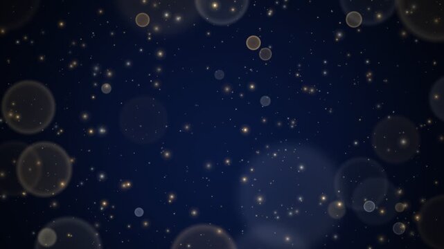 Abstract shimmering bokeh lights and stars on a dark blue background, representing a magical or festive atmosphere