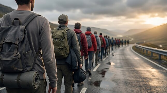 Hikers in line on wet asphalt road through green valley under dramatic clouds at sunset.