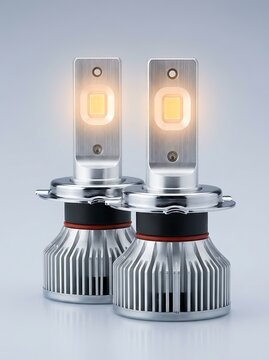 Pair of silver LED car headlights with heatsink and orange light on light gray background.