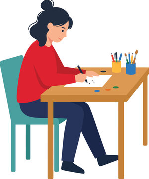 Modern flat illustration of a woman artist drawing at a desk, creative female illustrator sketching on paper, artistic hobby and education concept