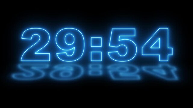 Glowing Neon 30 to 29 Minute Countdown Timer on Black Background, Digital Time Countdown Animation, 4K Motion Graphics for Presentations and Education