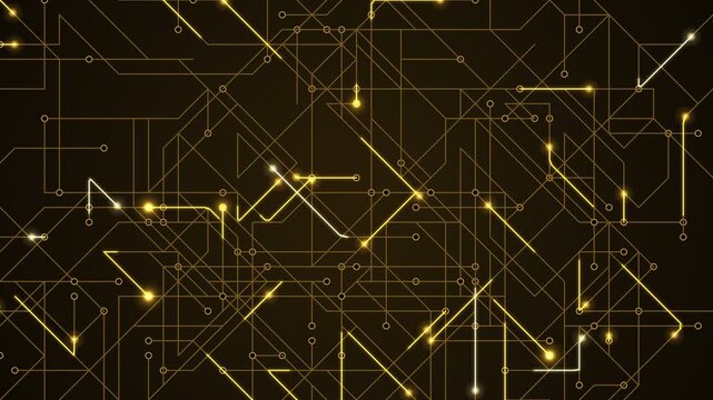 Abstract digital circuit board pattern with glowing golden lines and nodes on a dark background representing technology and data flow