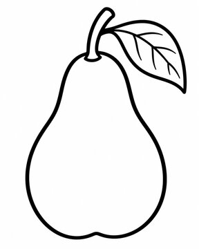 Black and white line art coloring page of a pear with a leaf for kids, isolated on white background