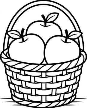 Black and white line art coloring page of apples in a woven basket for kids, isolated on white background