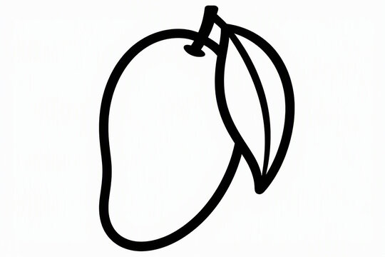Black and white line art coloring page of a mango with a leaf for kids, isolated on white background
