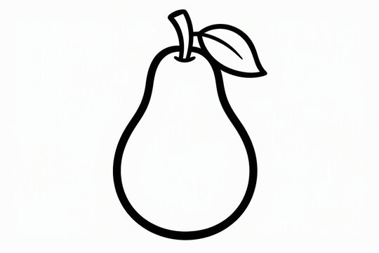 Black and white line art coloring page of a pear with a leaf for kids, isolated on white background