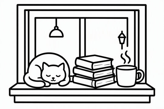 Black and white line art coloring page of a cute sleeping cat in a cozy cafe by a window for kids and adults, isolated on white background