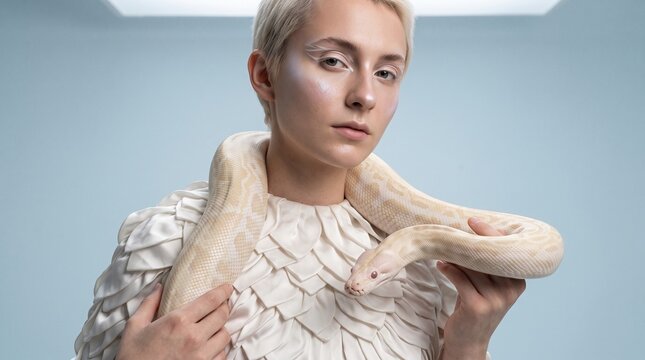Model with albino python, White silk sculptural couture, Avant garde fashion editorial, Surreal matching color palette, Pale blue studio background