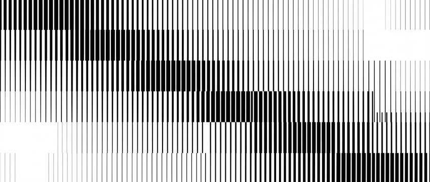 Halftone lines pattern with diagonal flow in monochrome black and white style, featuring varying vertical stripe thickness for kinetic op art posters, tech branding, and modern banners