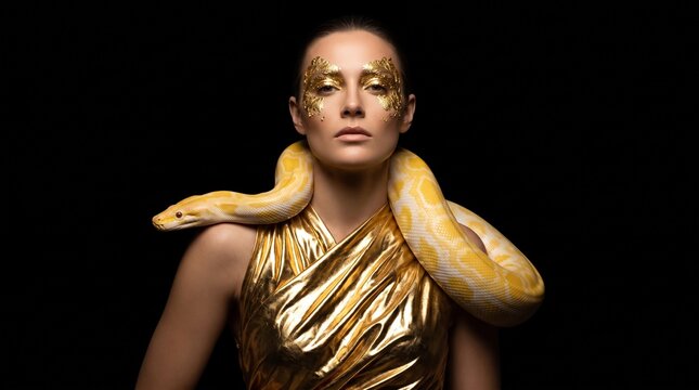 Woman with golden python, Metallic gold foil couture, Avant garde fashion editorial, Surreal matching color palette, Rich black studio background