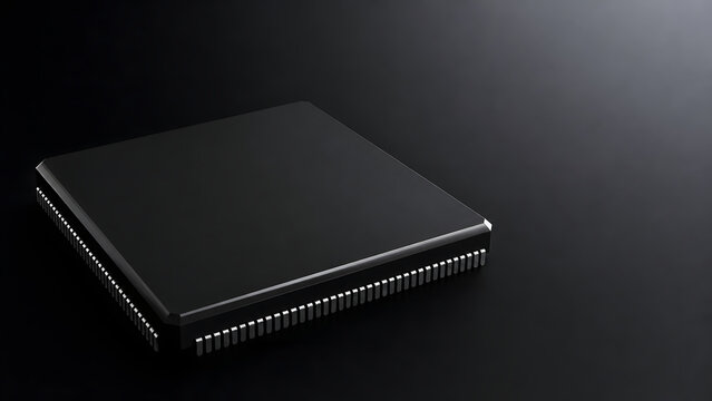Black square integrated circuit microchip processor package on dark