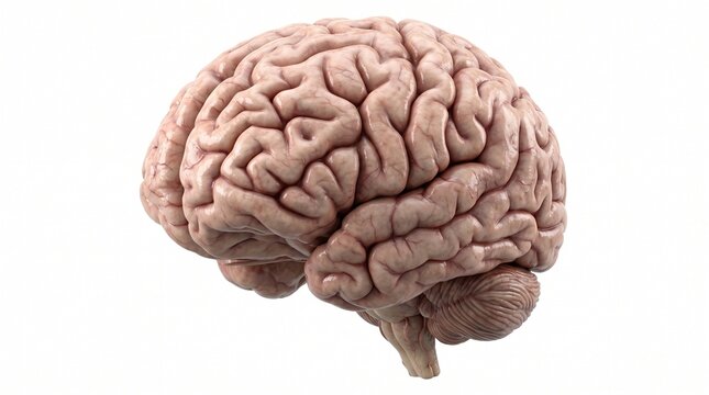 Detailed 3D anatomical model of a human brain shown in side view on a white background
