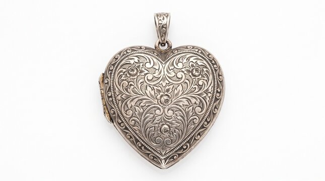 Ornately engraved Victorian-style heart locket pendant isolated against a clean white background