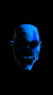 Creepy seamless vertical video of an horror clown mask and colorful lights. Halloween background of a terror character with copy space