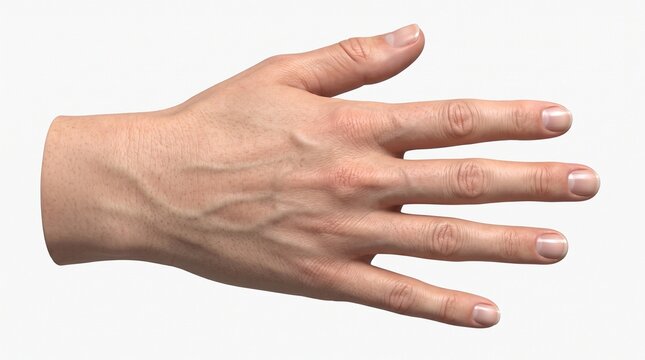 Highly detailed 3D anatomical model of a human hand shown from the dorsal side, isolated