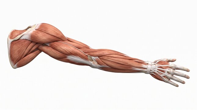 Detailed 3D anatomical model of the human arm showing muscles, tendons, and hand