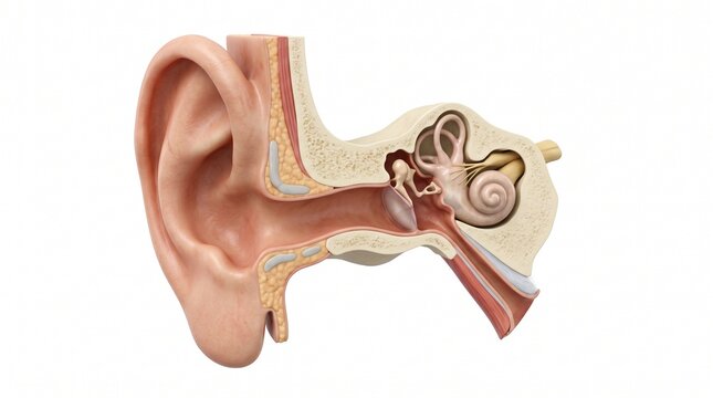 Detailed 3D anatomical cross-section of the human ear showing inner ear structures