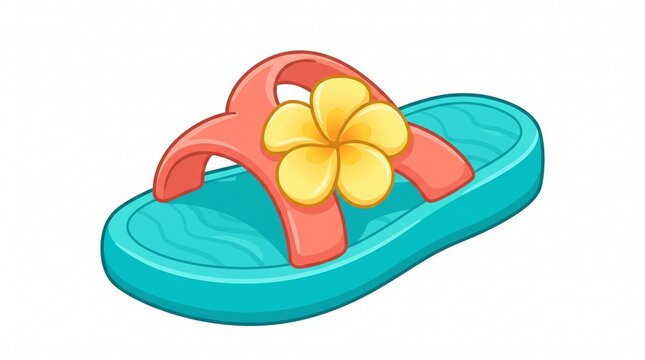 Colorful tropical flip-flop with a coral strap, turquoise sole, and bright yellow flower