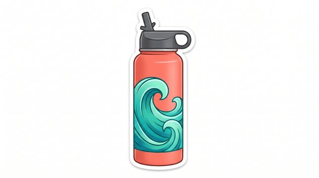 Coral reusable water bottle illustration with flip-top lid, straw, and turquoise wave design