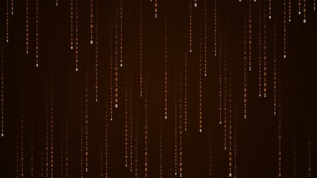 Digital rain of binary code numbers falling down on a dark brown background representing data flow and technology