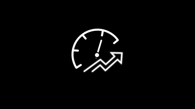 White outline speedometer and growing financial arrow graph icon animation on black background, performance growth and speed increase concept element, stock market loop motion graphics.