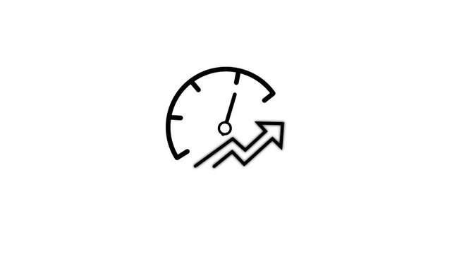 Black outline speedometer and growing financial arrow graph icon animation on white background, performance growth and speed increase concept element, stock market loop motion graphics.