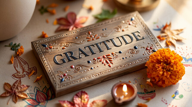 Flat lay illustration of luxurious carved wood festival signboard with decorative word gratitude, folded hands, marigold flower and glowing diya icons