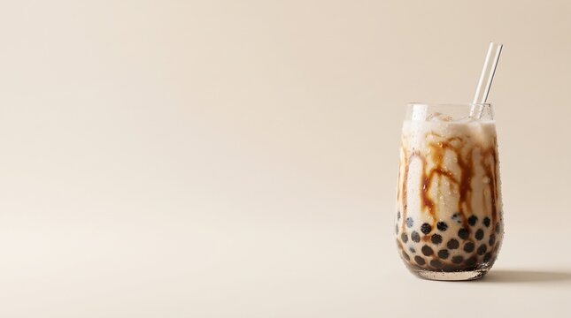 Brown sugar bubble milk tea with tapioca pearls in a glass on beige background