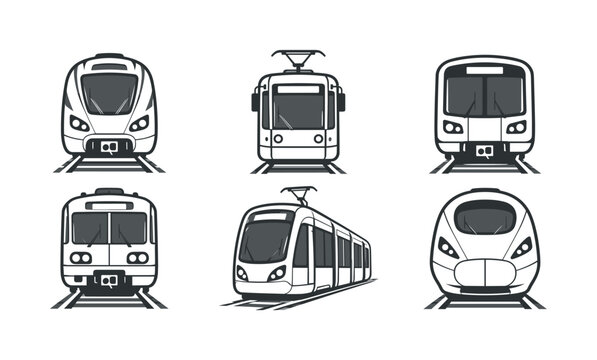 Rail transport icon group with modern trains trams and front-view railway vehicles in bold gray outlines, train, tram, railway,
