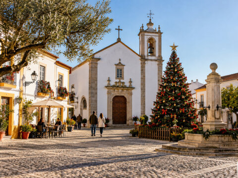 Weihnachten in Portugal: Ein festlich geschm&uuml;ckter Weihnachtsbaum steht neben einem steinernen Brunnen. Wei&szlig;e Kirche, Olivenbaum und sonniger Dorfplatz pr&auml;gen die friedliche Urlaubsszene.