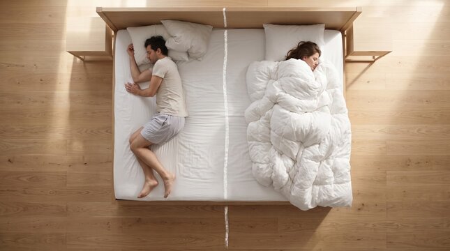 Overhead view of couple sleeping in bed divided by a drawn line in warm morning light.